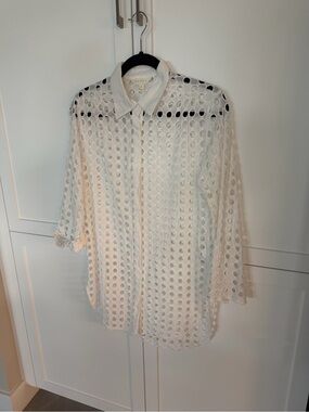 Adiva White Eyelet Circle Button-Down Blouse